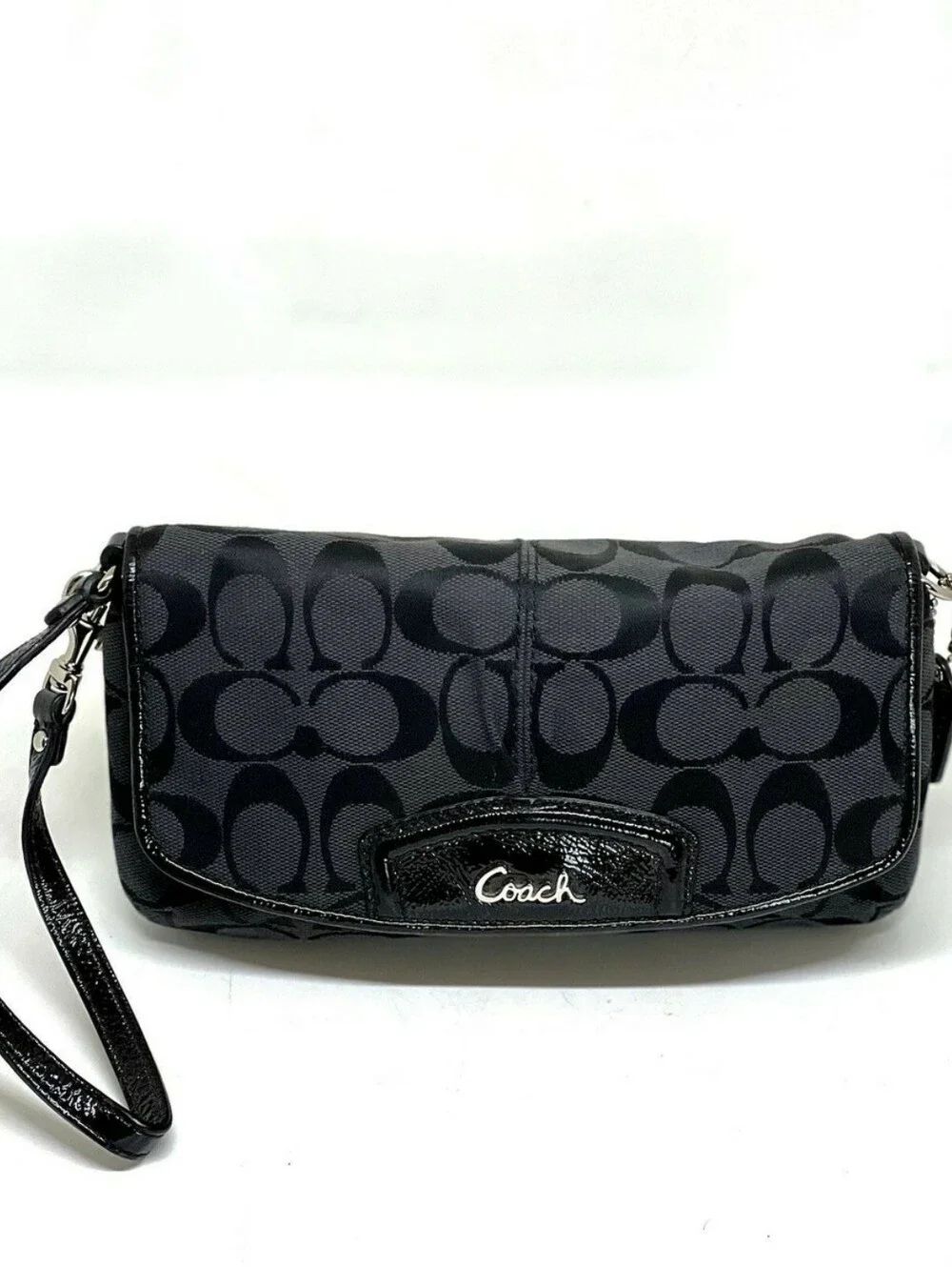 COACH RARE-VINTAGE Ashley Women's Black CC Canvas Flap & Snap Clutch Wristlet